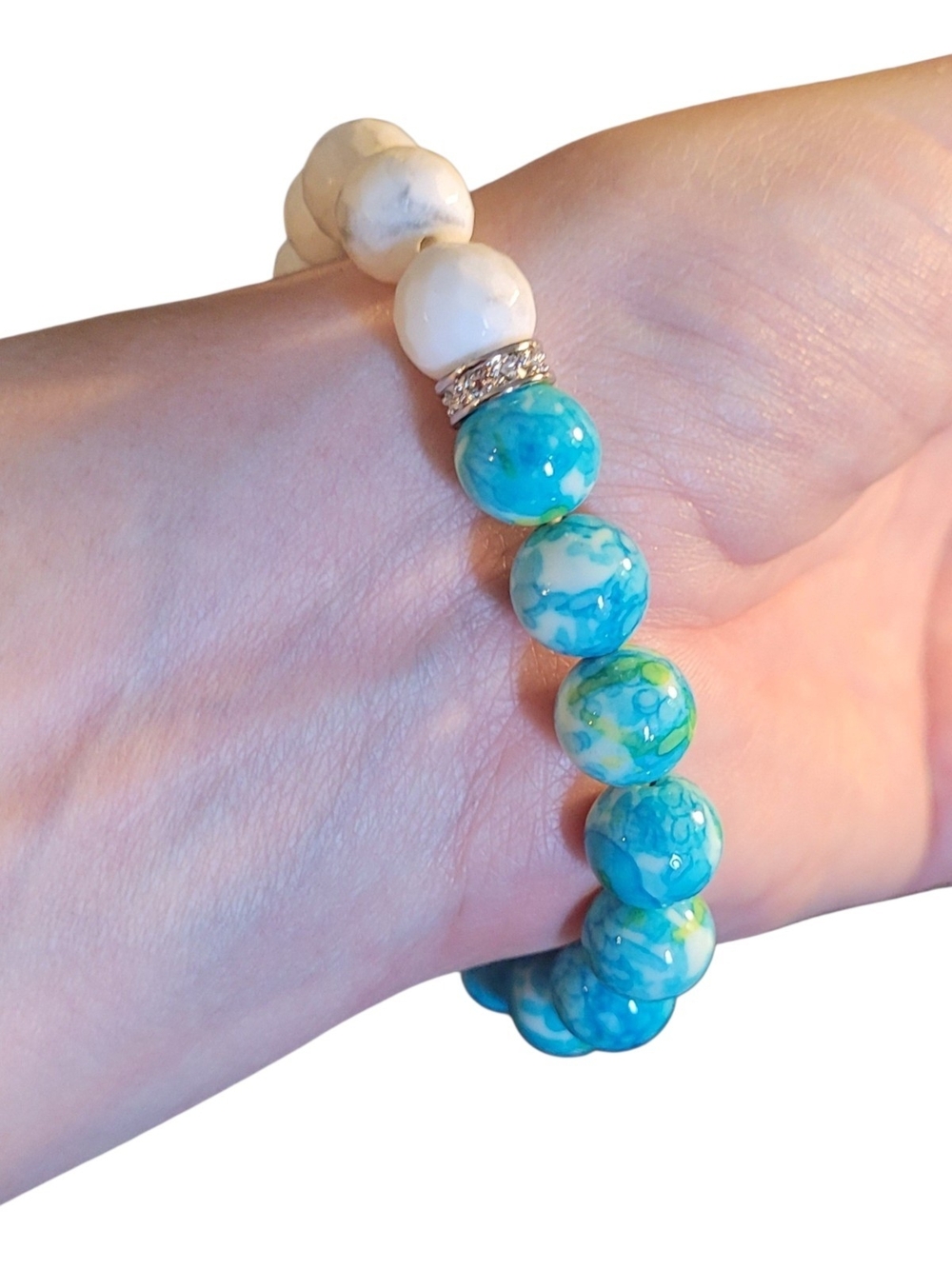Blue Marble Bead Stretch Bracelet with Rhinestones